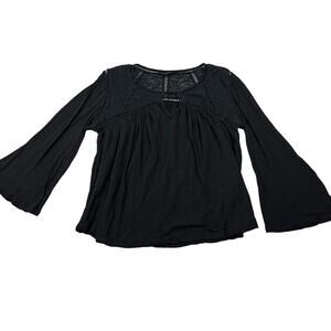 Lucky Brand Size L Womens Black Linen Blend Flare Sleeve Lace Detail Blouse Top